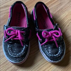 Pink and Black glitter Sperry sliders
